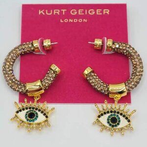 Kurt Geiger Pave Hoop Earrings with Evil Eye Charms NWT!